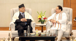 Dahal meets JP Nadda at BJP headquarters